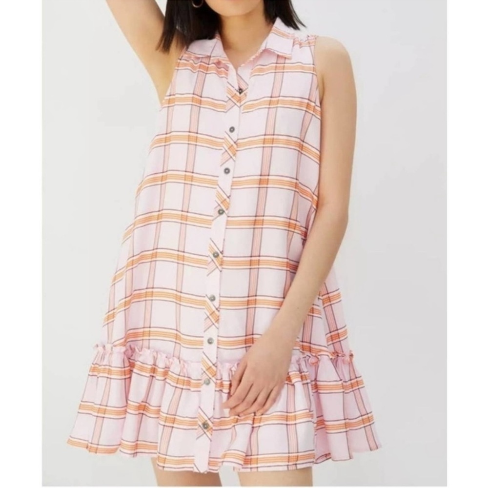 Maeve Flounced Hem Sleeveless Pink Plaid Dress